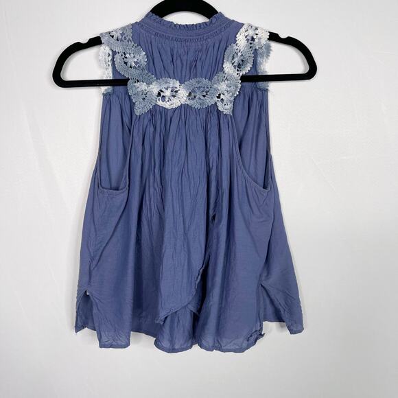 Free People Crochet Tank Top Flutter Open Back Button Front Blue Small S Cotton - Picture 2 of 12